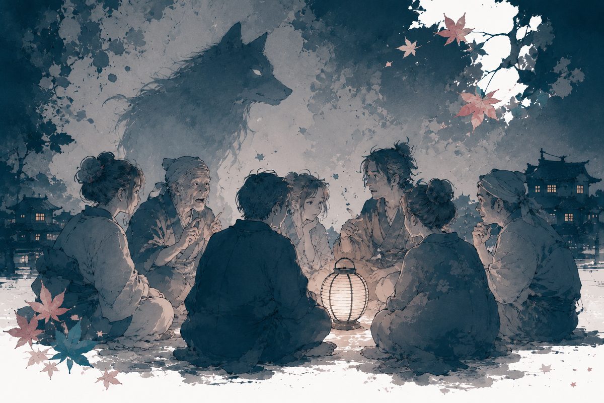 行灯を囲んで夜に語り合う村人たちと、背後に浮かぶ狼の影のイラスト